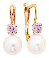 14KW PEARL 6mm W/ PINK CZ ON EURO WIRE